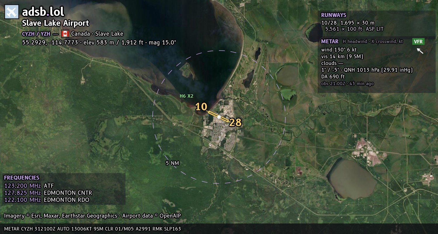 Satellite map with the runway layout of Slave Lake Airport (CYZH)