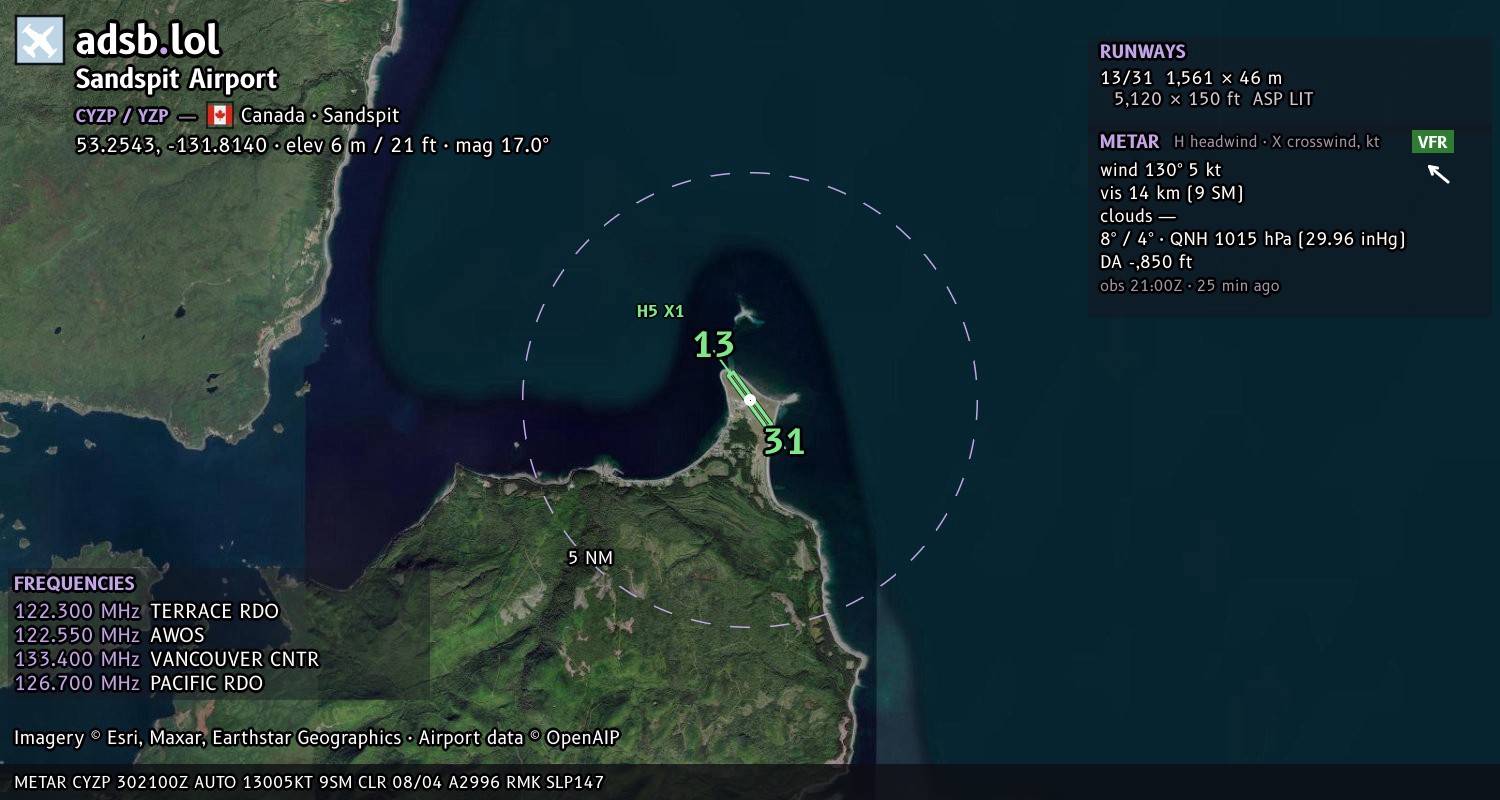 Satellite map with the runway layout of Sandspit Airport (CYZP)
