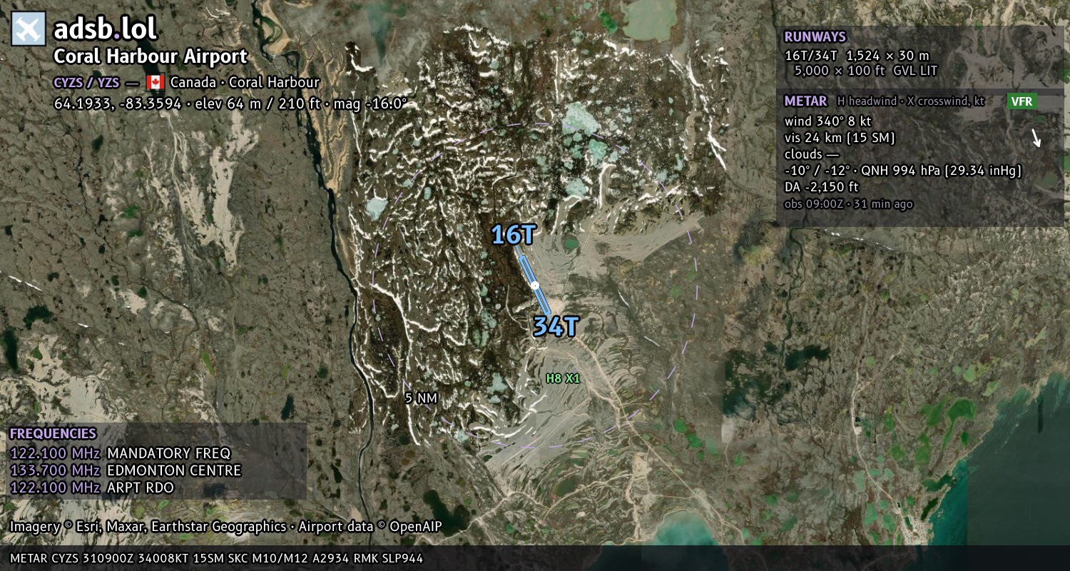 Satellite map with the runway layout of Coral Harbour Airport (CYZS)