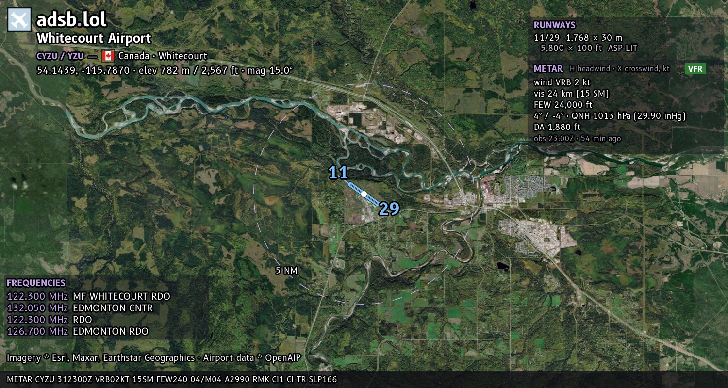 Satellite map with the runway layout of Whitecourt Airport (CYZU)