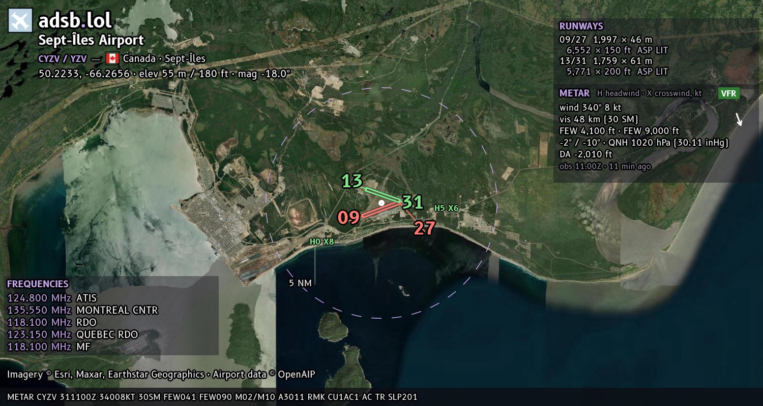 Satellite map with the runway layout of Sept-Îles Airport (CYZV)