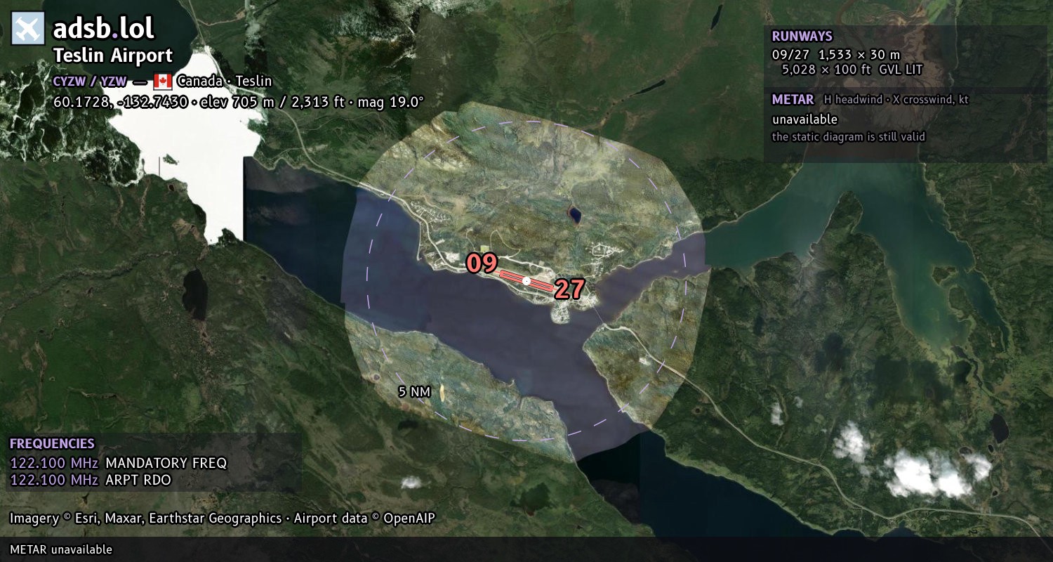 Satellite map with the runway layout of Teslin Airport (CYZW)