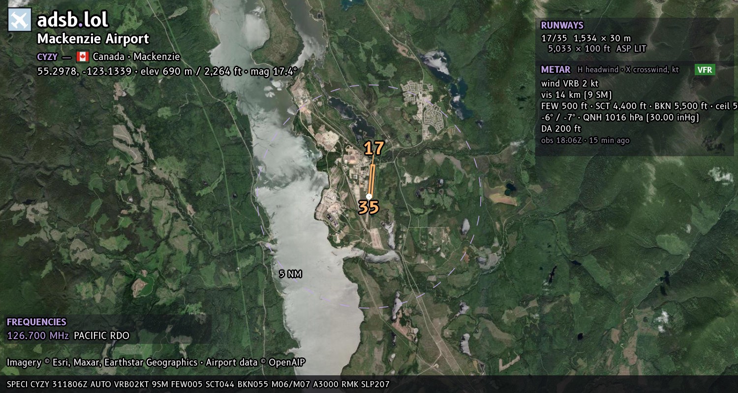 Satellite map with the runway layout of Mackenzie Airport (CYZY)