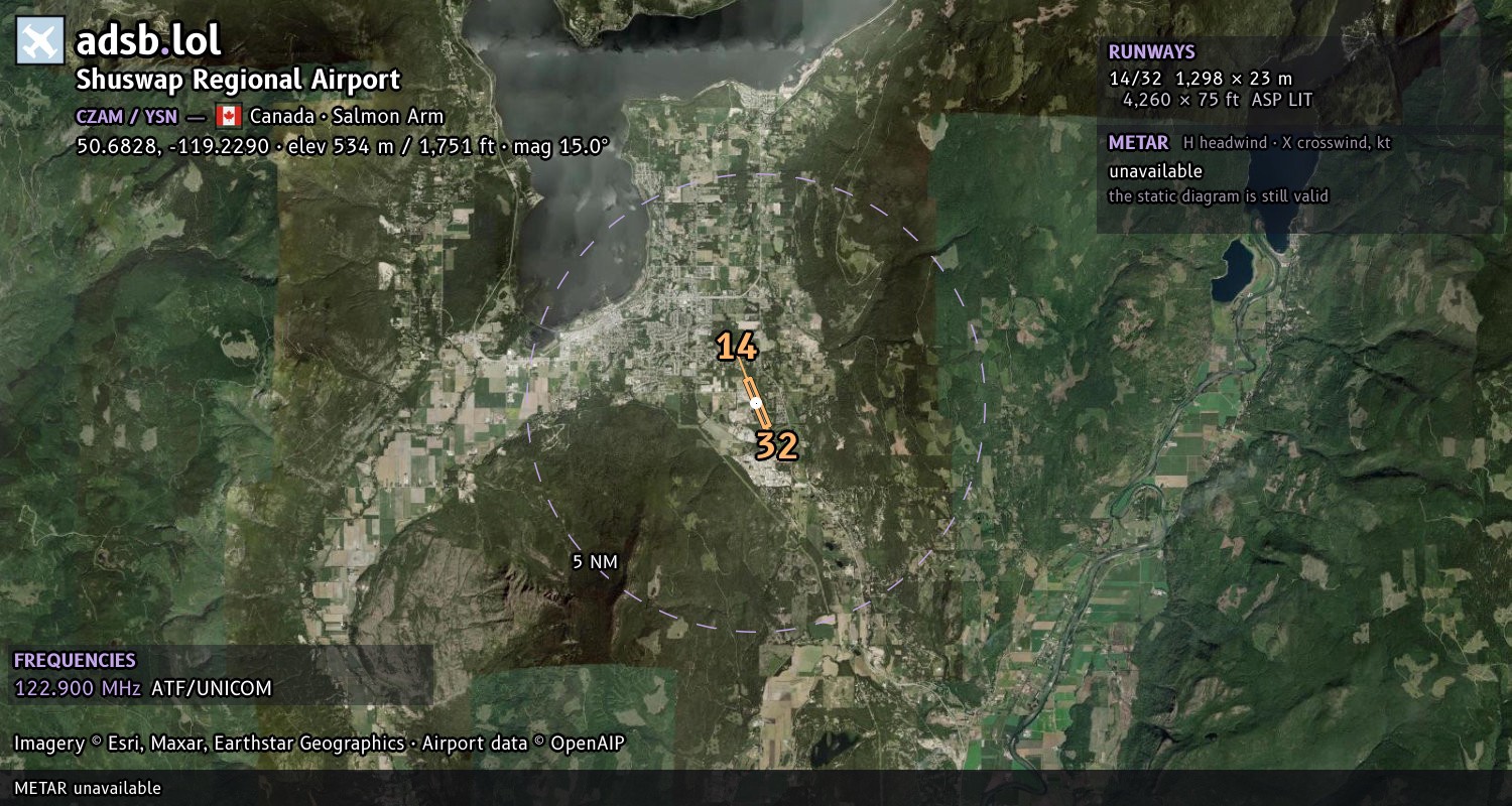 Satellite map with the runway layout of Shuswap Regional Airport (CZAM)
