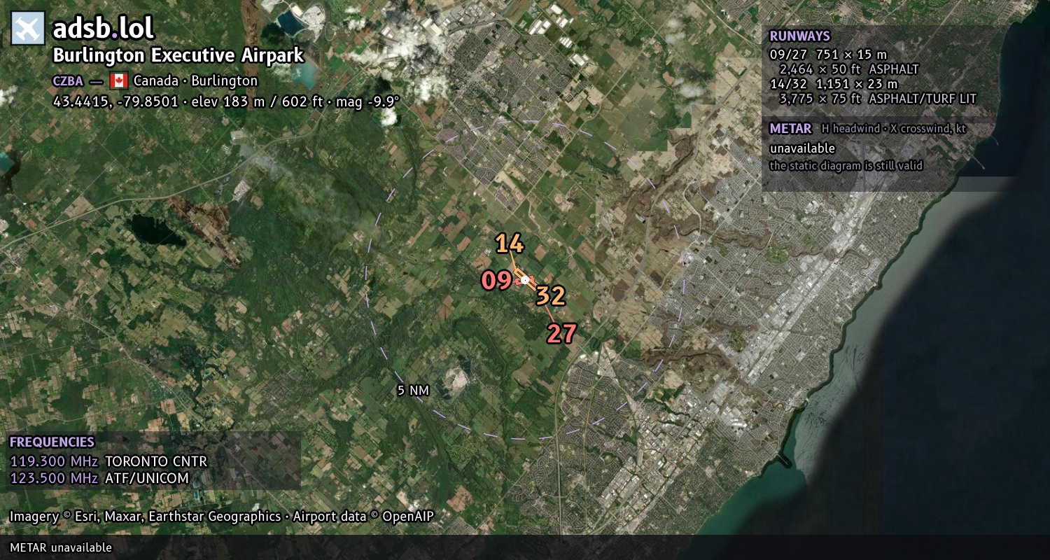 Satellite map with the runway layout of Burlington Executive Airpark (CZBA)
