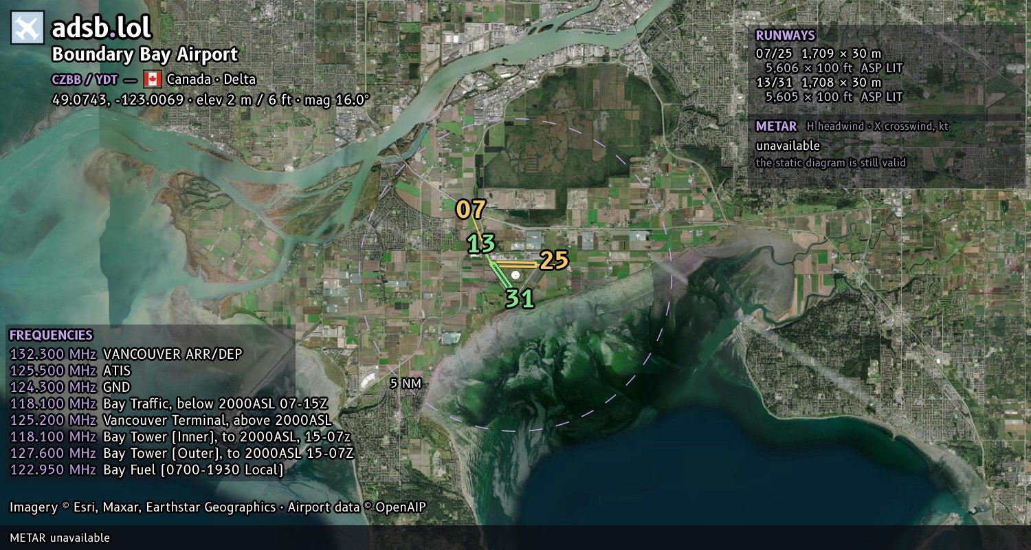 Satellite map with the runway layout of Boundary Bay Airport (CZBB)
