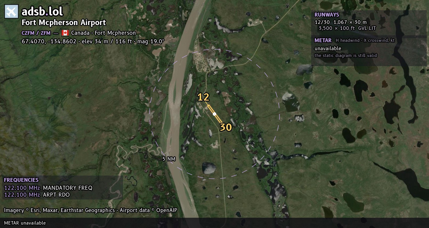 Satellite map with the runway layout of Fort Mcpherson Airport (CZFM)