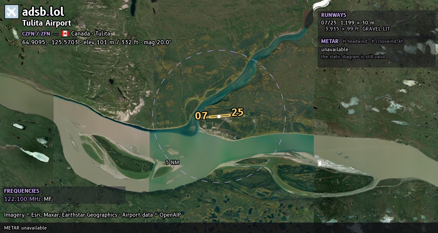 Satellite map with the runway layout of Tulita Airport (CZFN)