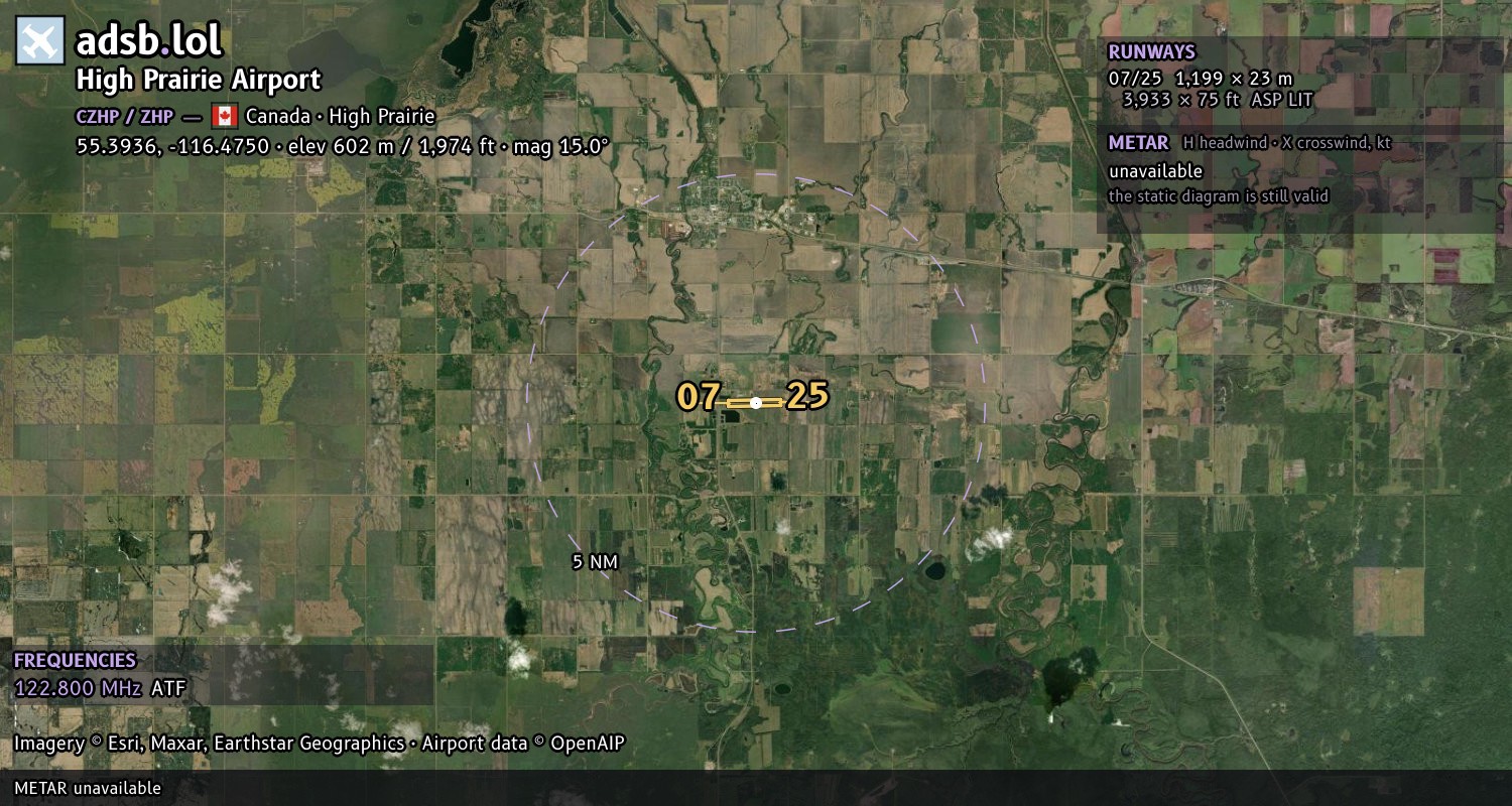 Satellite map with the runway layout of High Prairie Airport (CZHP)