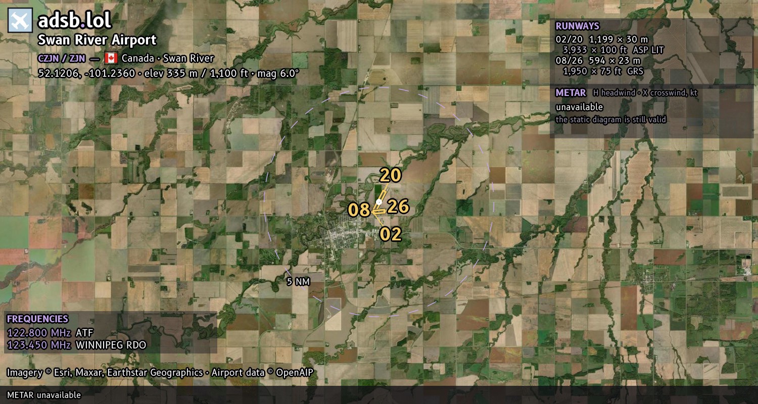 Satellite map with the runway layout of Swan River Airport (CZJN)