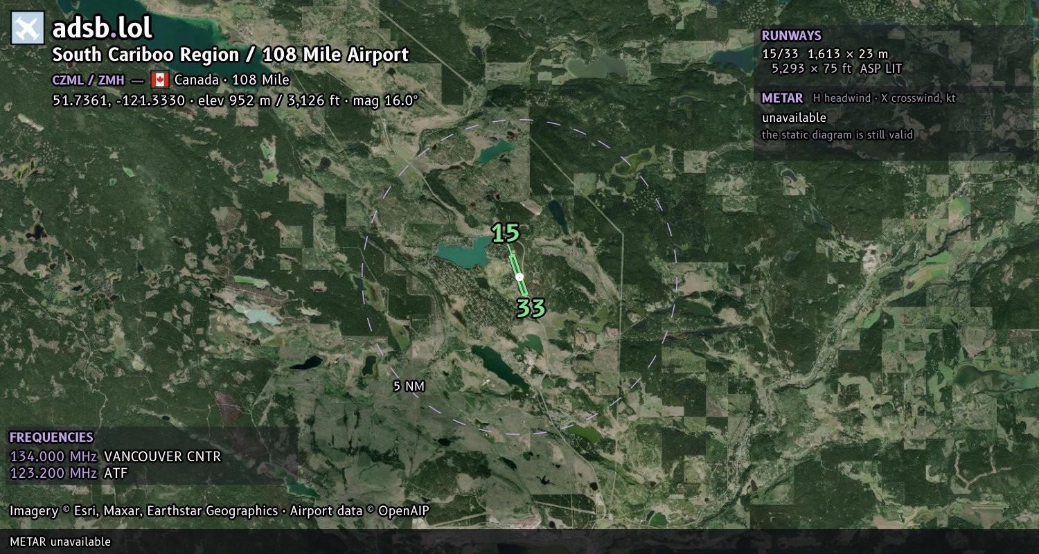Satellite map with the runway layout of South Cariboo Region / 108 Mile Airport (CZML)