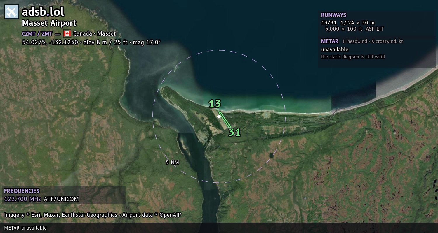 Satellite map with the runway layout of Masset Airport (CZMT)