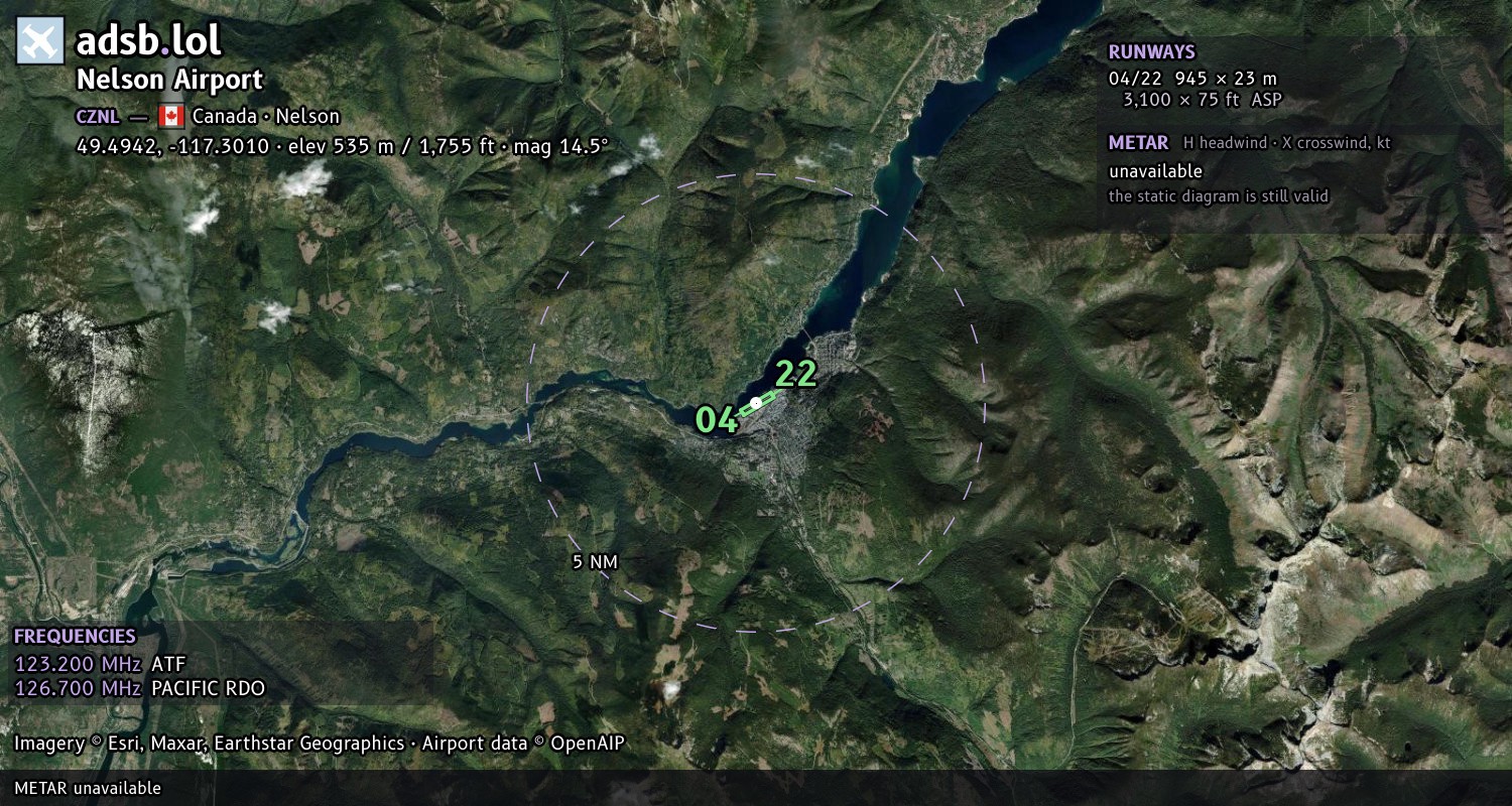 Satellite map with the runway layout of Nelson Airport (CZNL)