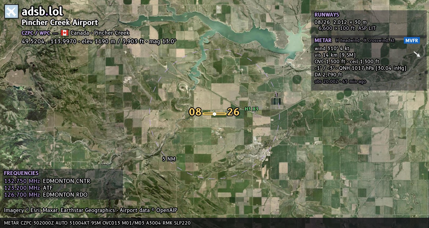 Satellite map with the runway layout of Pincher Creek Airport (CZPC)