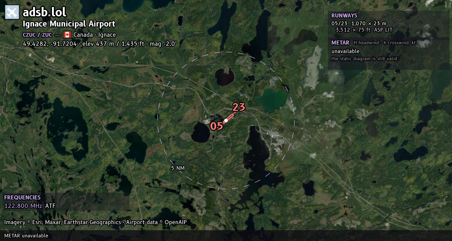 Satellite map with the runway layout of Ignace Municipal Airport (CZUC)