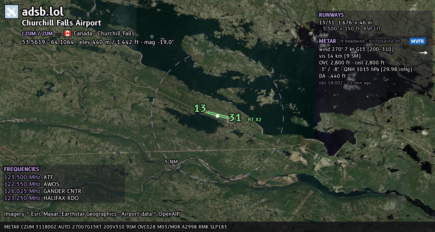 Satellite map with the runway layout of Churchill Falls Airport (CZUM)