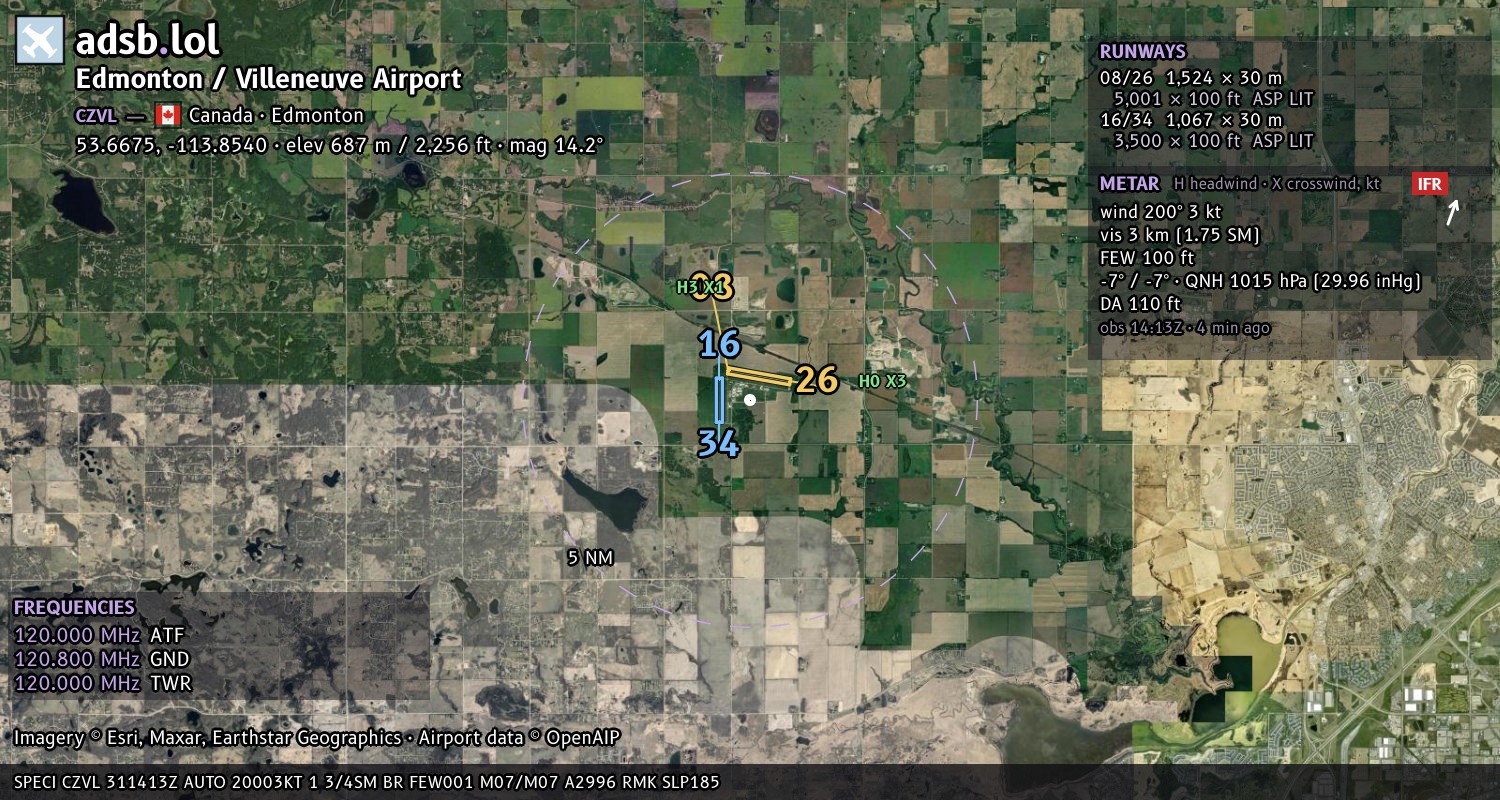 Satellite map with the runway layout of Edmonton / Villeneuve Airport (CZVL)