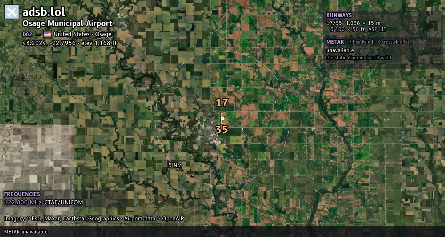 Satellite map with the runway layout of Osage Municipal Airport (D02)