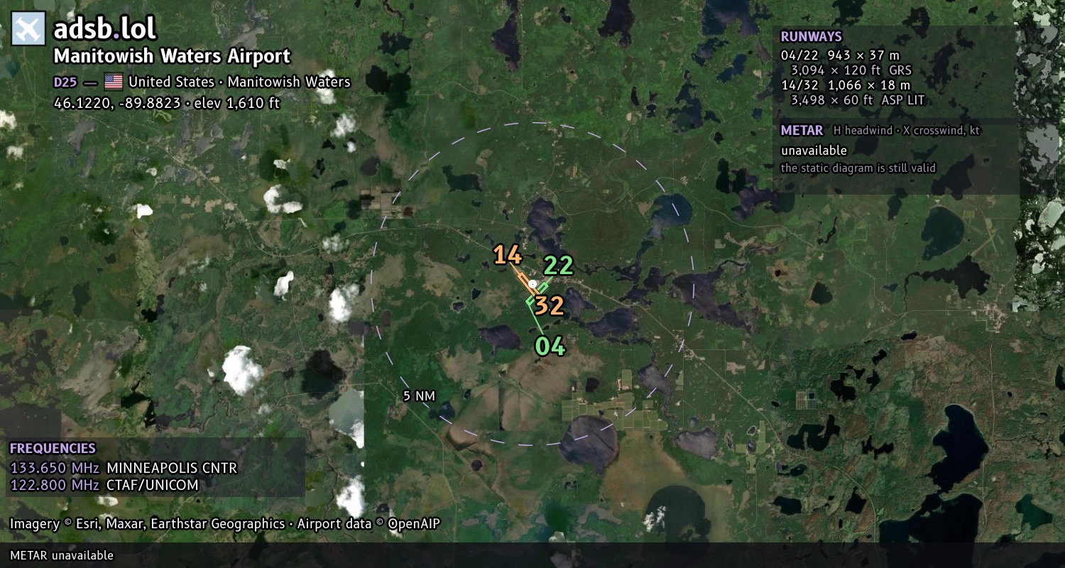 Satellite map with the runway layout of Manitowish Waters Airport (D25)