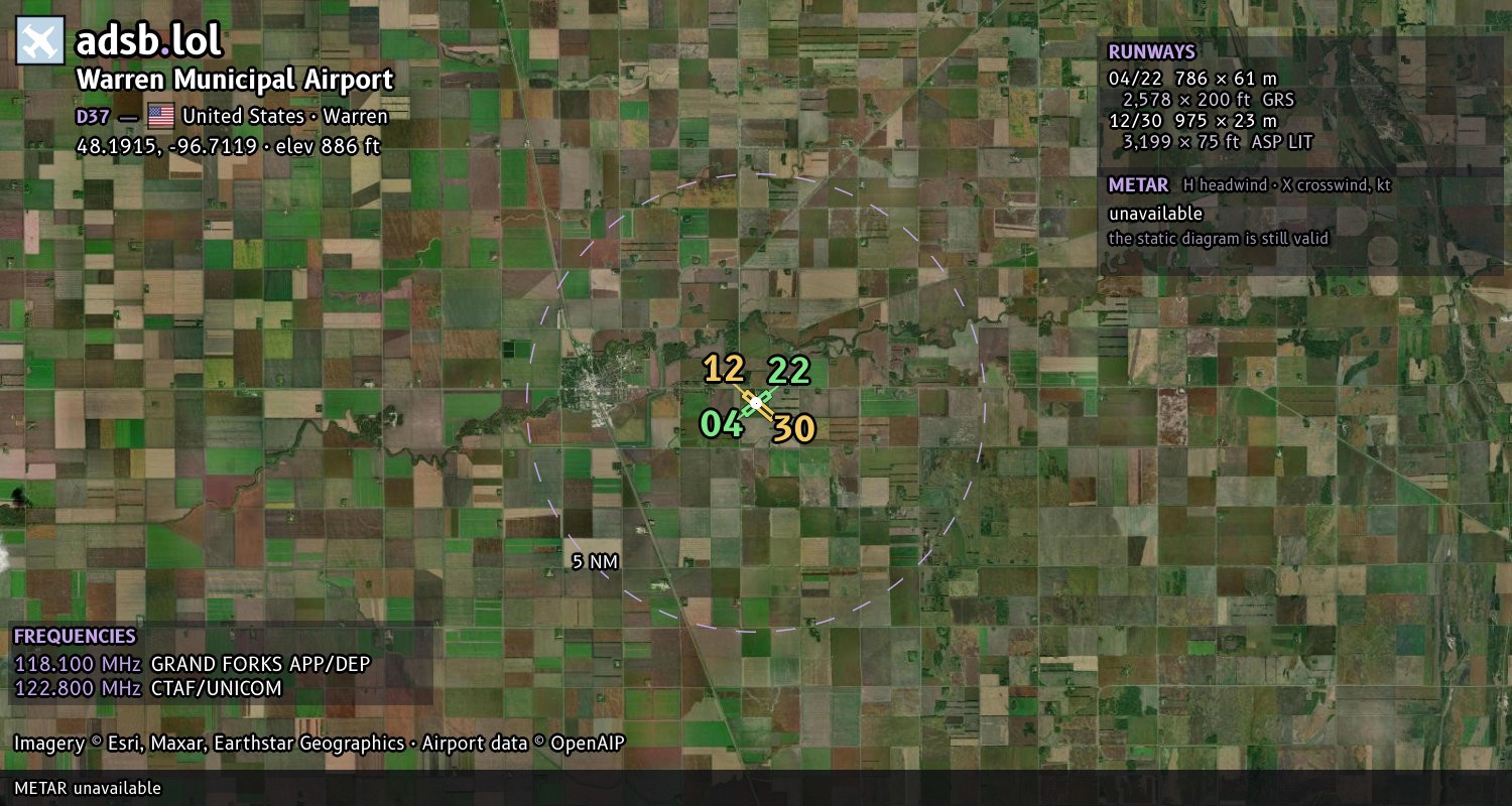 Satellite map with the runway layout of Warren Municipal Airport (D37)