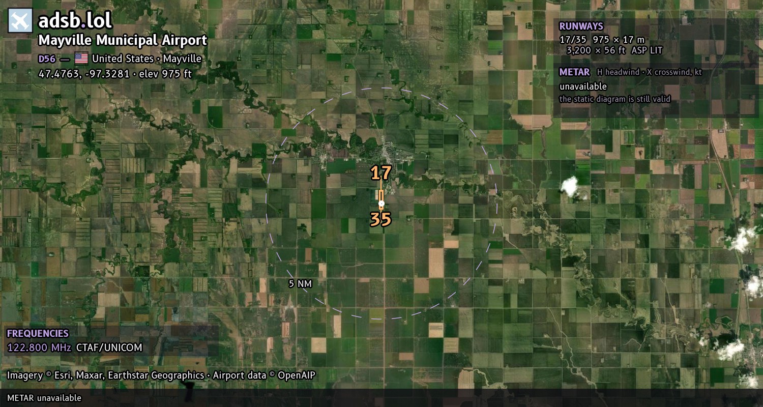 Satellite map with the runway layout of Mayville Municipal Airport (D56)