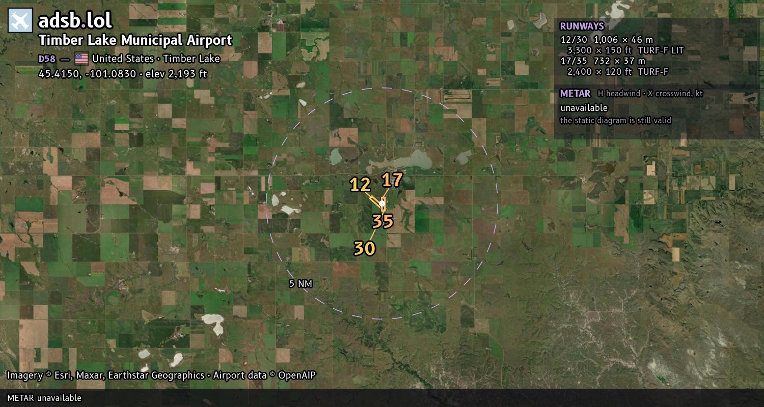 Satellite map with the runway layout of Timber Lake Municipal Airport (D58)