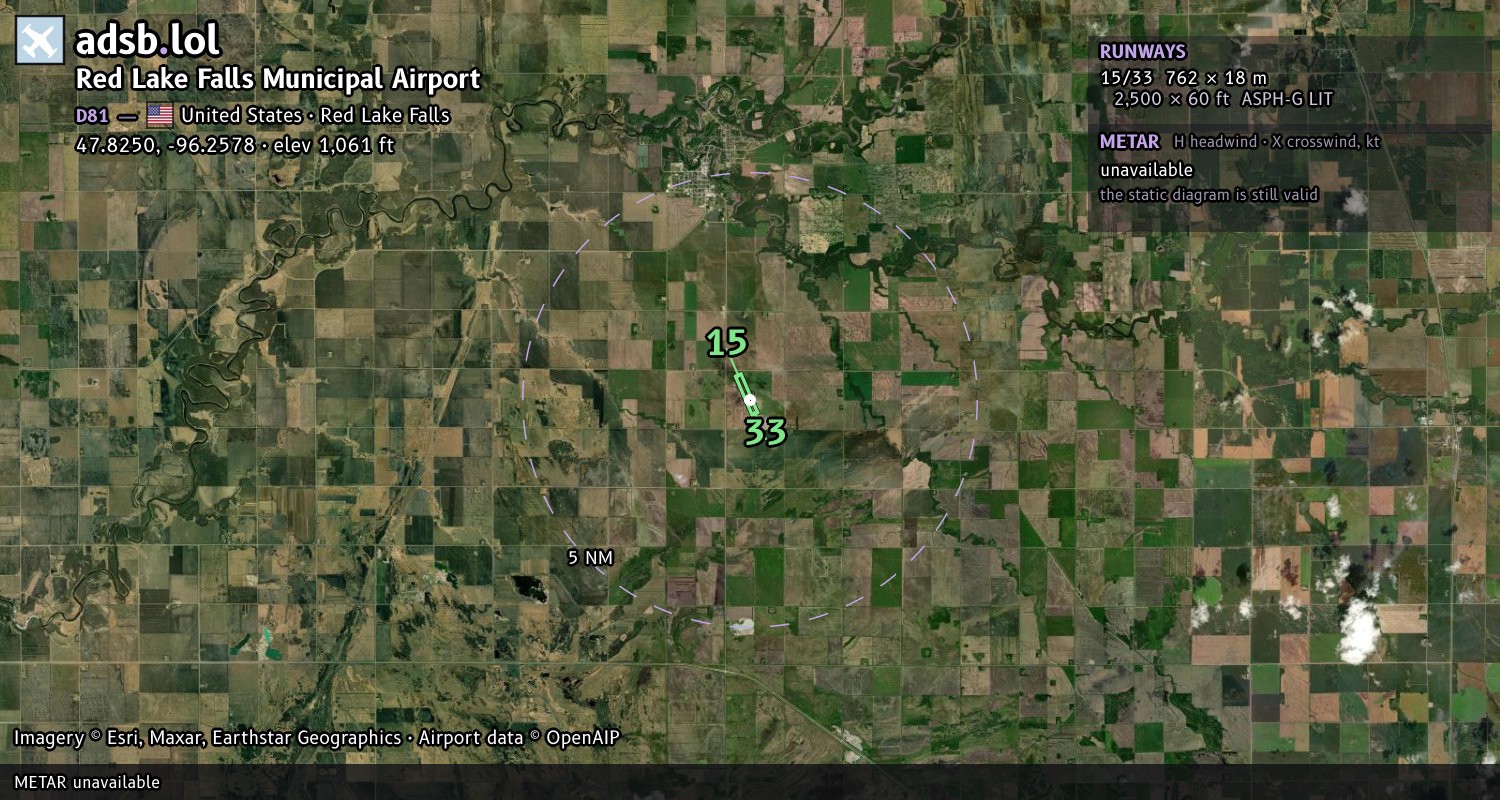 Satellite map with the runway layout of Red Lake Falls Municipal Airport (D81)