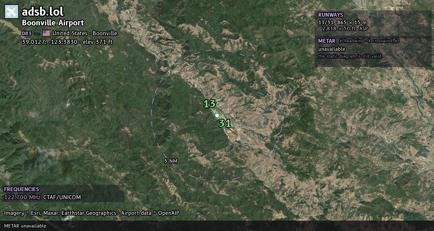 Satellite map with the runway layout of Boonville Airport (D83)