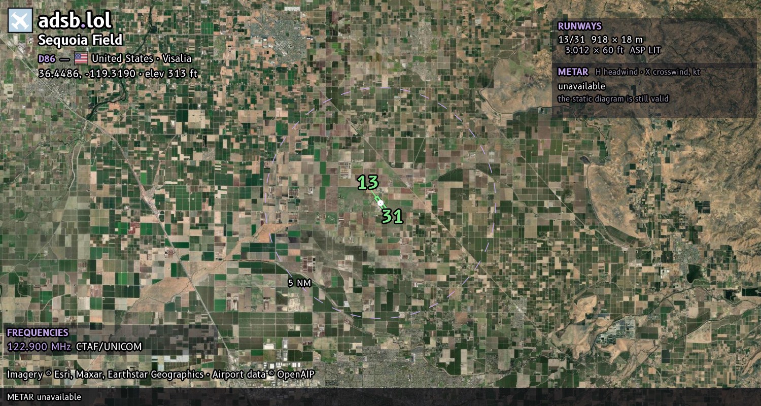 Satellite map with the runway layout of Sequoia Field (D86)