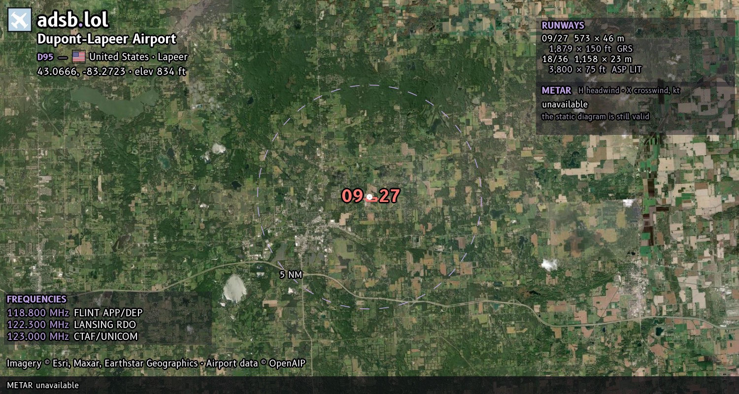Satellite map with the runway layout of Dupont-Lapeer Airport (D95)