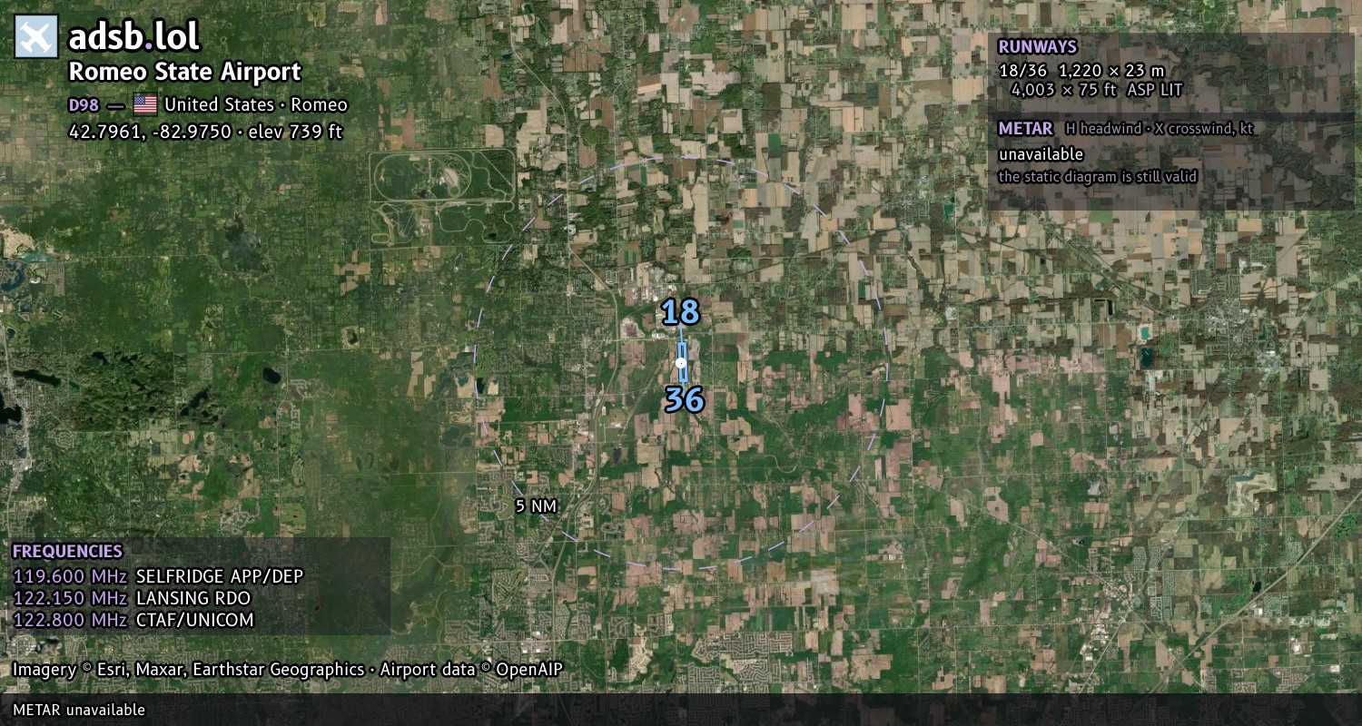 Satellite map with the runway layout of Romeo State Airport (D98)