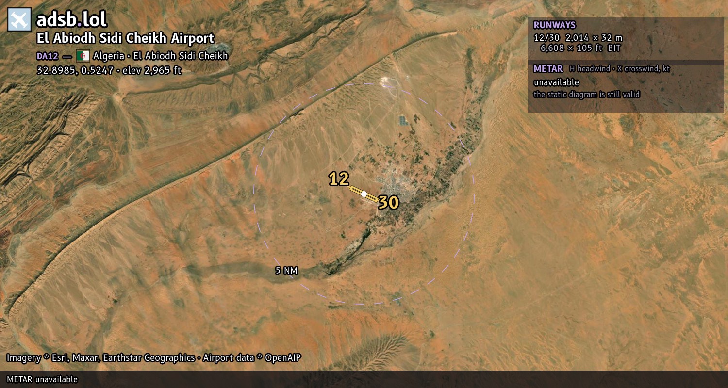 Satellite map with the runway layout of El Abiodh Sidi Cheikh Airport (DA12)