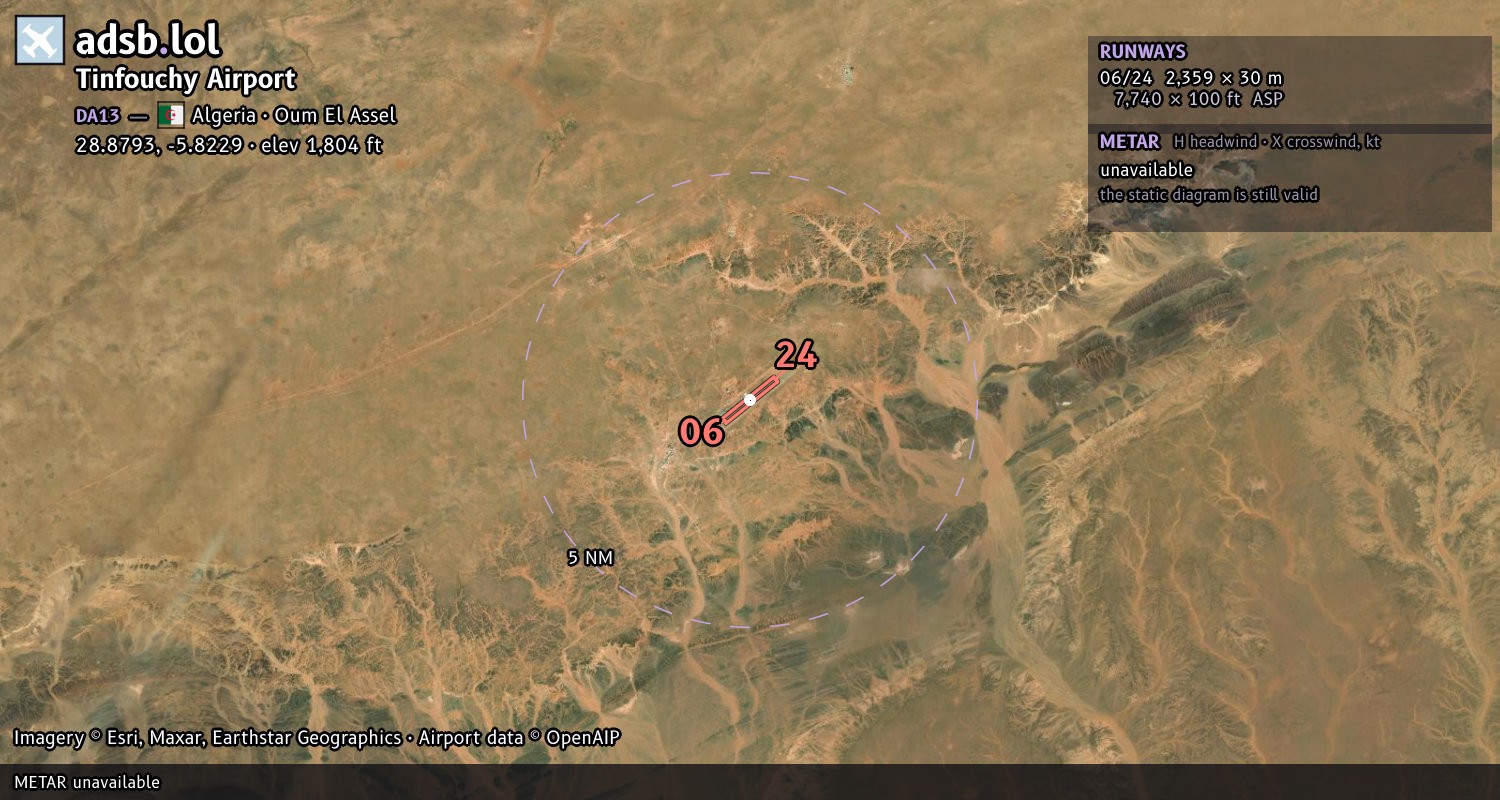 Satellite map with the runway layout of Tinfouchy Airport (DA13)