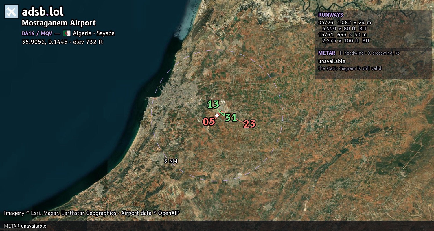 Satellite map with the runway layout of Mostaganem Airport (DA14)