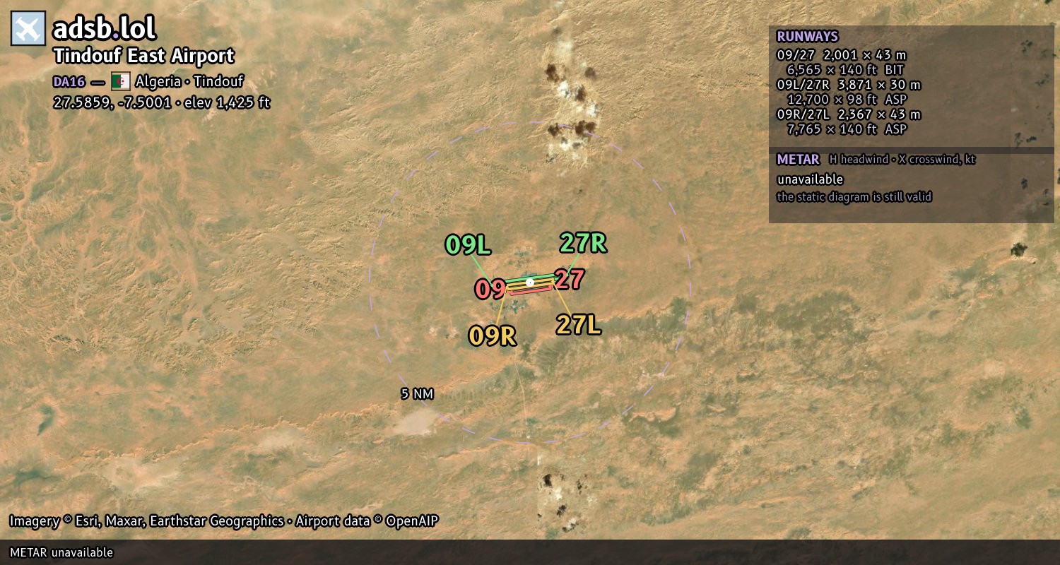 Satellite map with the runway layout of Tindouf East Airport (DA16)