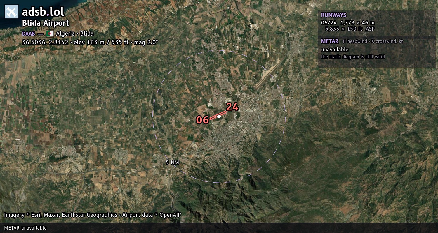 Satellite map with the runway layout of Blida Airport (DAAB)