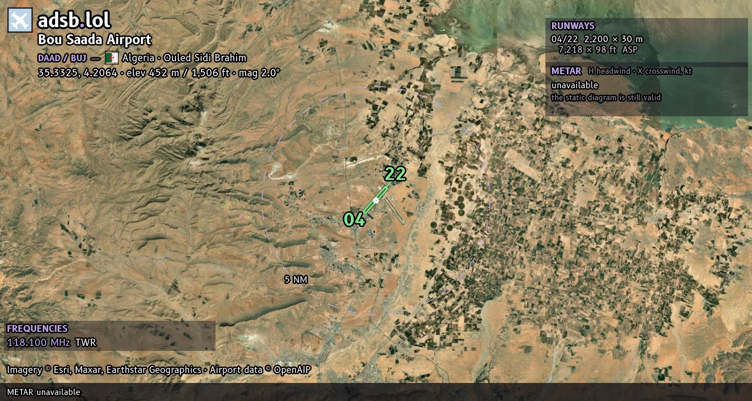 Satellite map with the runway layout of Bou Saada Airport (DAAD)