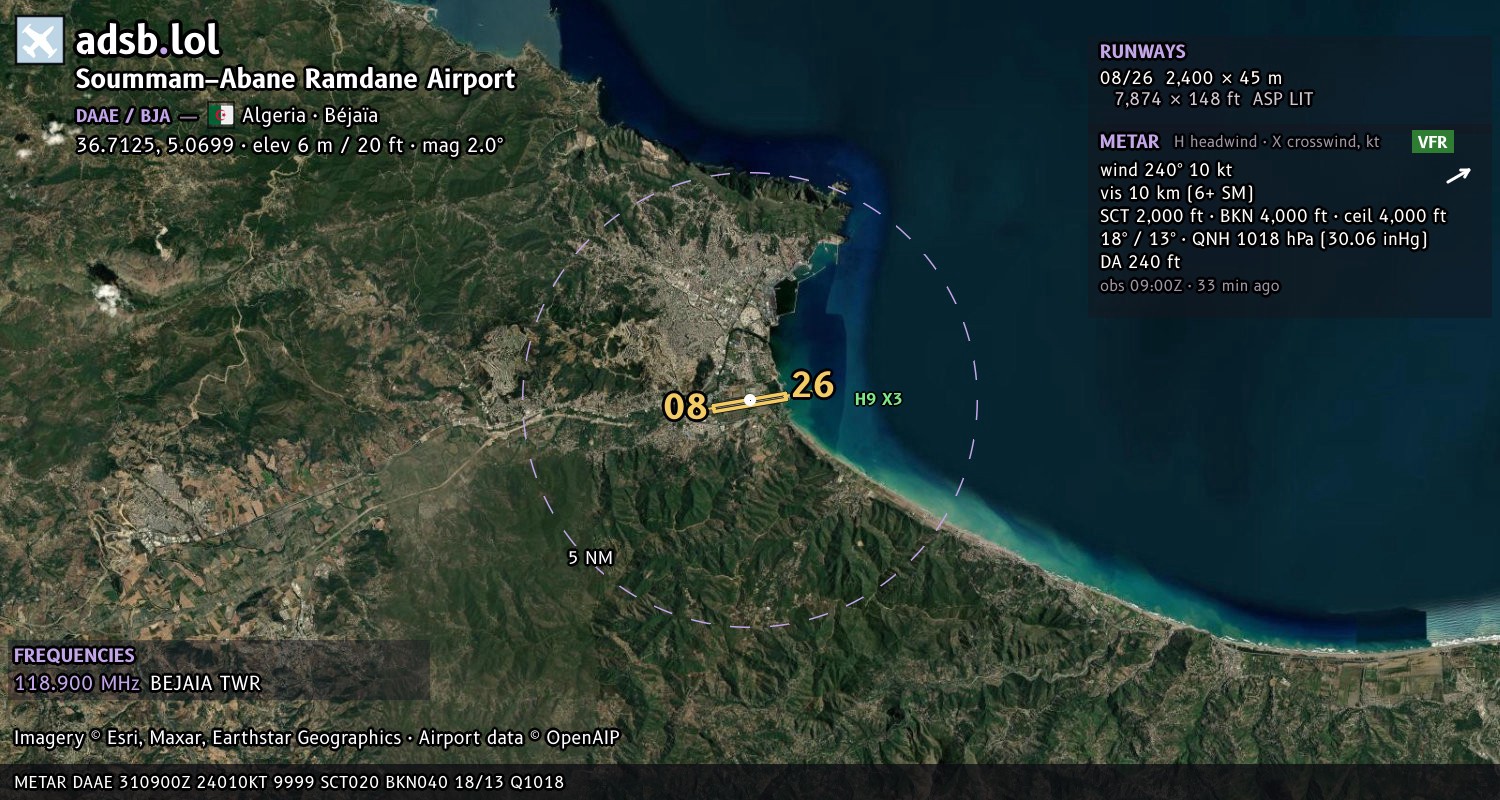 Satellite map with the runway layout of Soummam–Abane Ramdane Airport (DAAE)