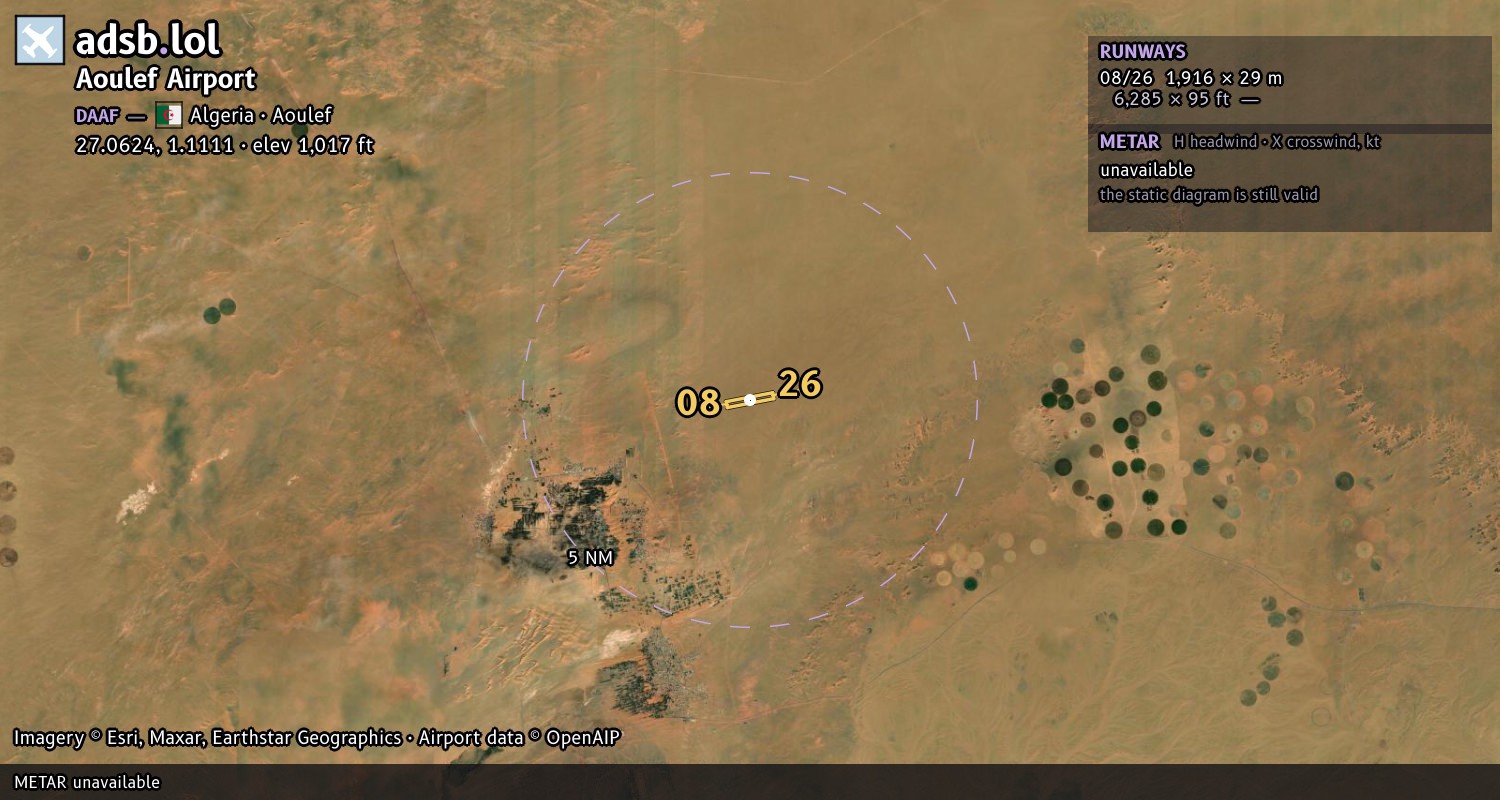 Satellite map with the runway layout of Aoulef Airport (DAAF)