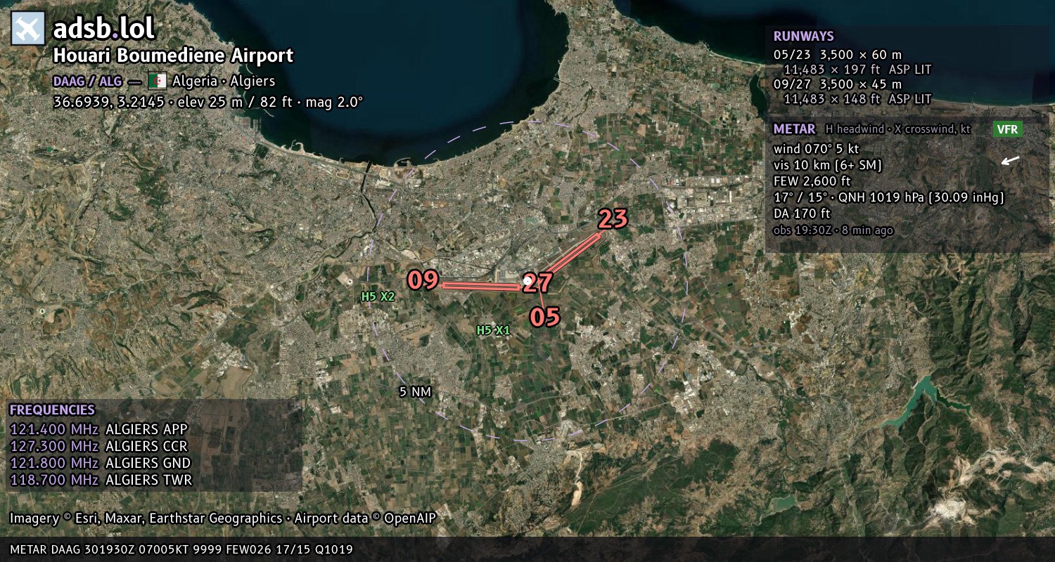 Satellite map with the runway layout of Houari Boumediene Airport (DAAG)