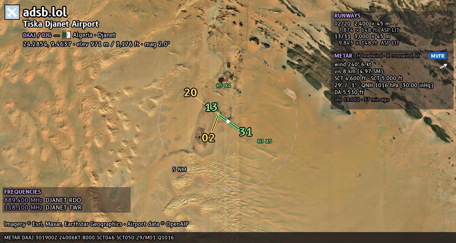 Satellite map with the runway layout of Tiska Djanet Airport (DAAJ)