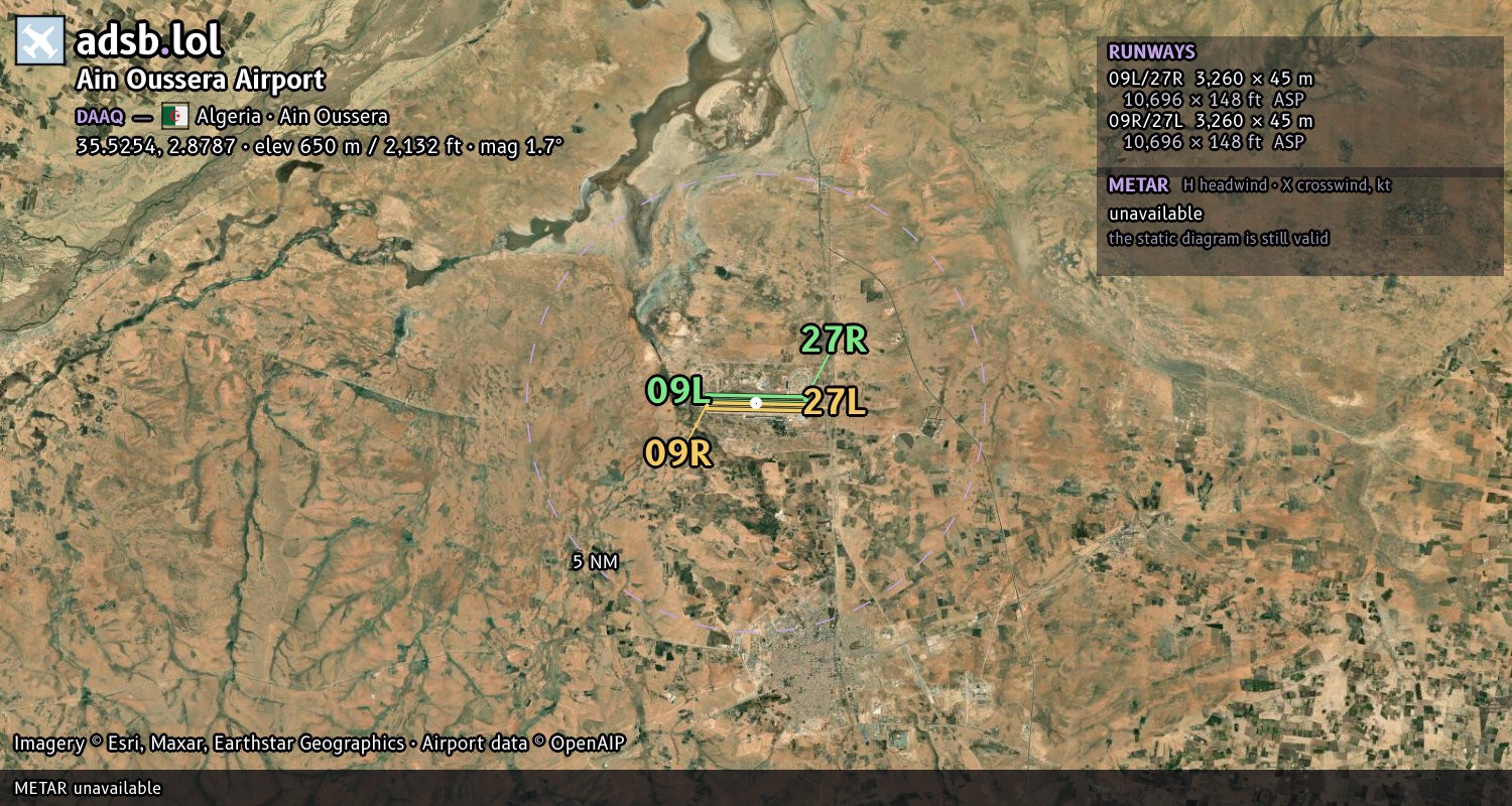 Satellite map with the runway layout of Ain Oussera Airport (DAAQ)