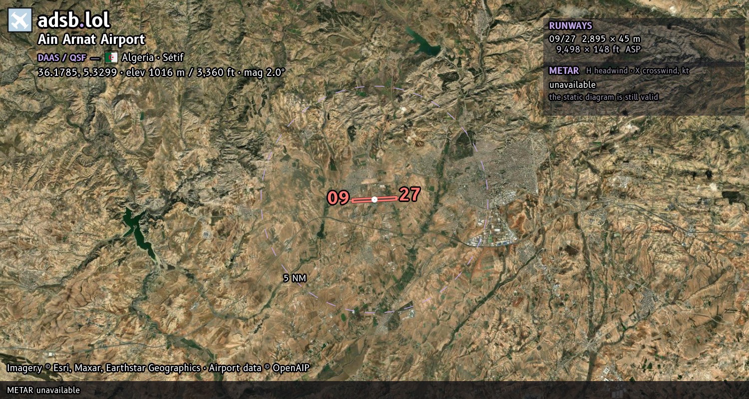 Satellite map with the runway layout of Ain Arnat Airport (DAAS)