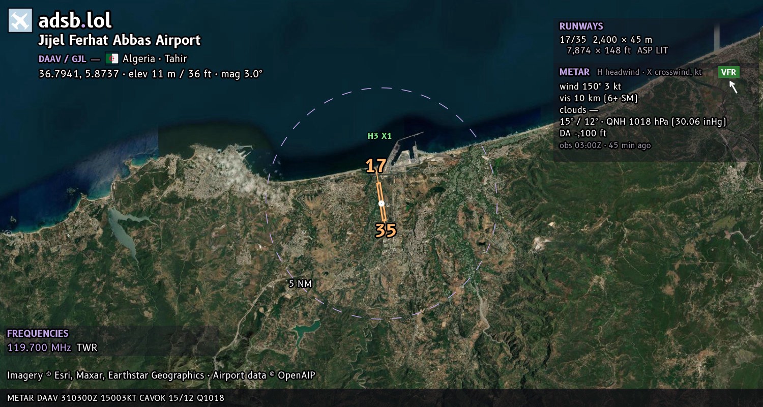 Satellite map with the runway layout of Jijel Ferhat Abbas Airport (DAAV)