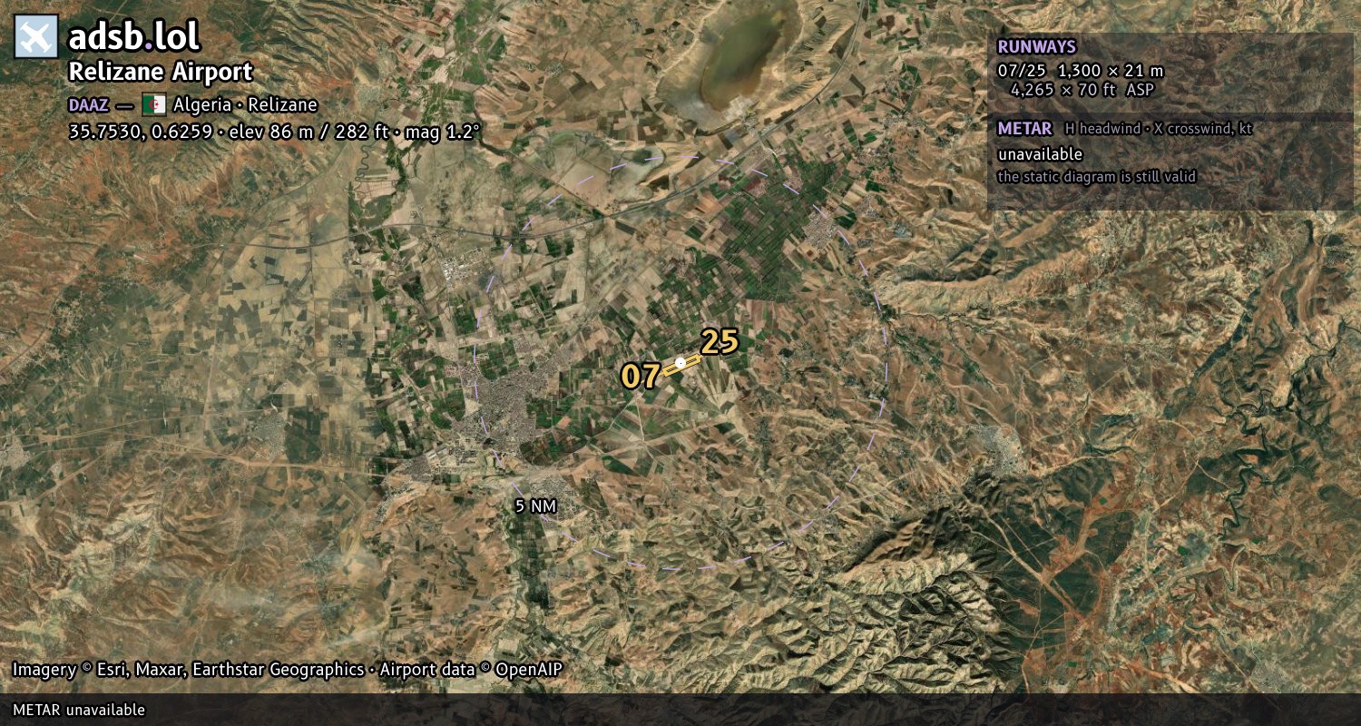 Satellite map with the runway layout of Relizane Airport (DAAZ)