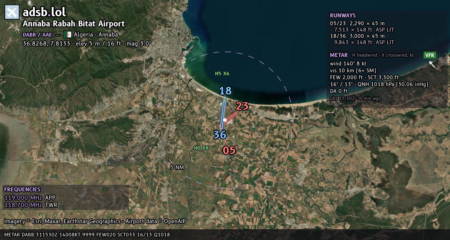Satellite map with the runway layout of Annaba Rabah Bitat Airport (DABB)