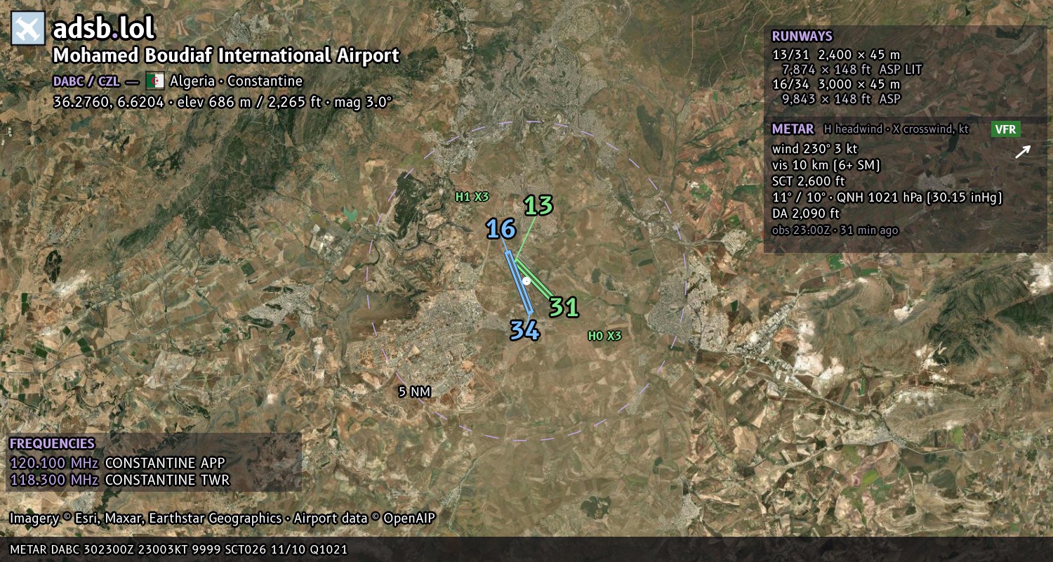 Satellite map with the runway layout of Mohamed Boudiaf International Airport (DABC)
