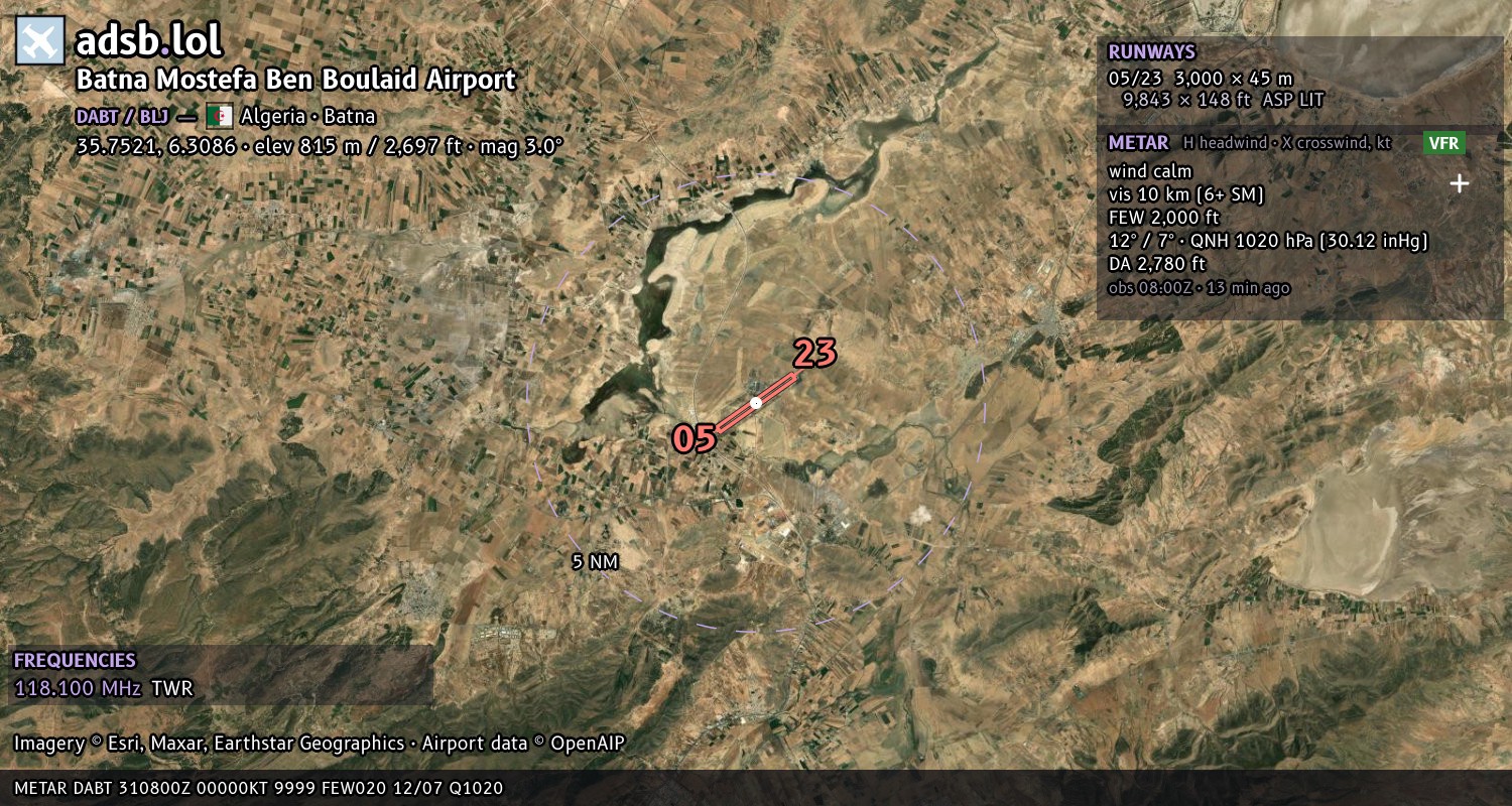 Satellite map with the runway layout of Batna Mostefa Ben Boulaid Airport (DABT)