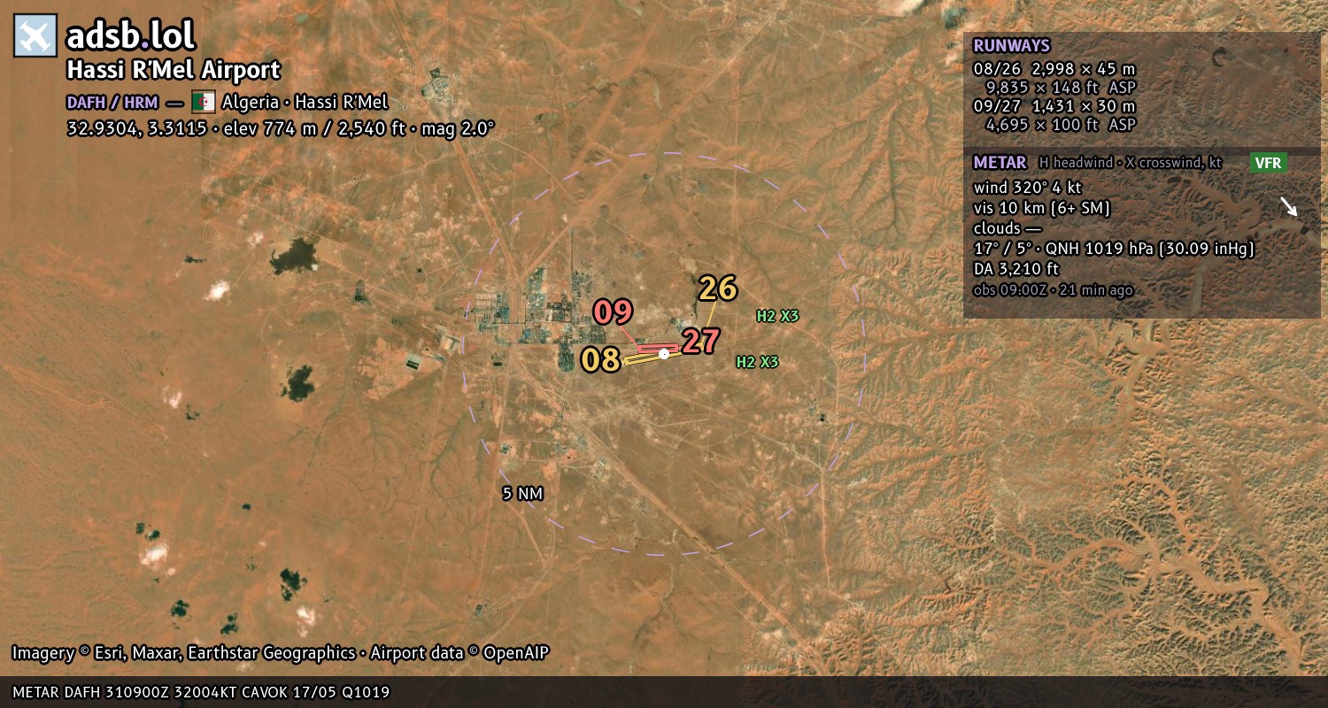 Satellite map with the runway layout of Hassi R'Mel Airport (DAFH)