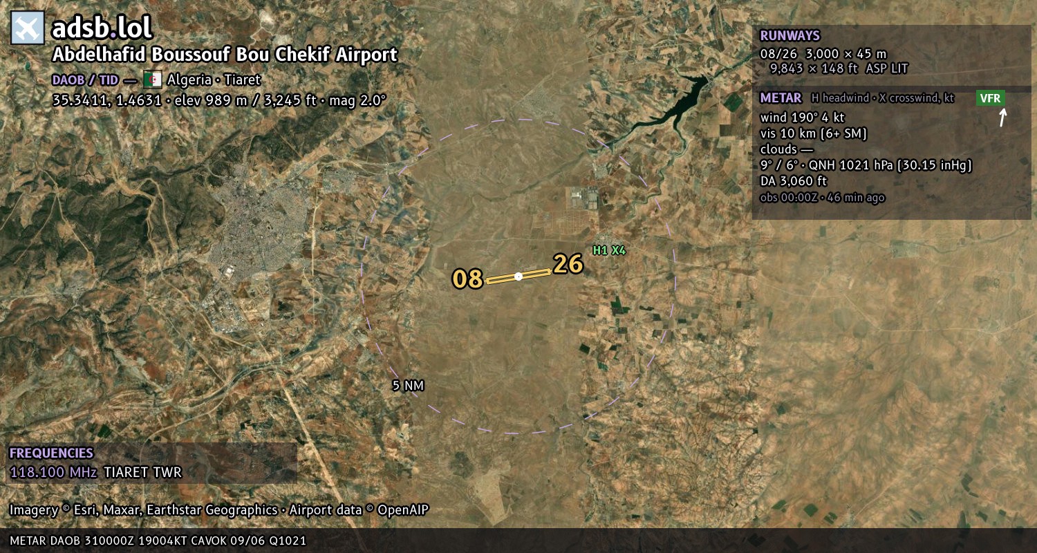 Satellite map with the runway layout of Abdelhafid Boussouf Bou Chekif Airport (DAOB)